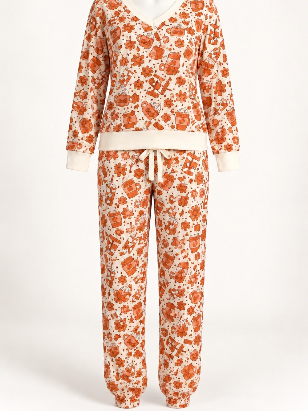 Women's Cream & Orange Fall Print Pajama Set